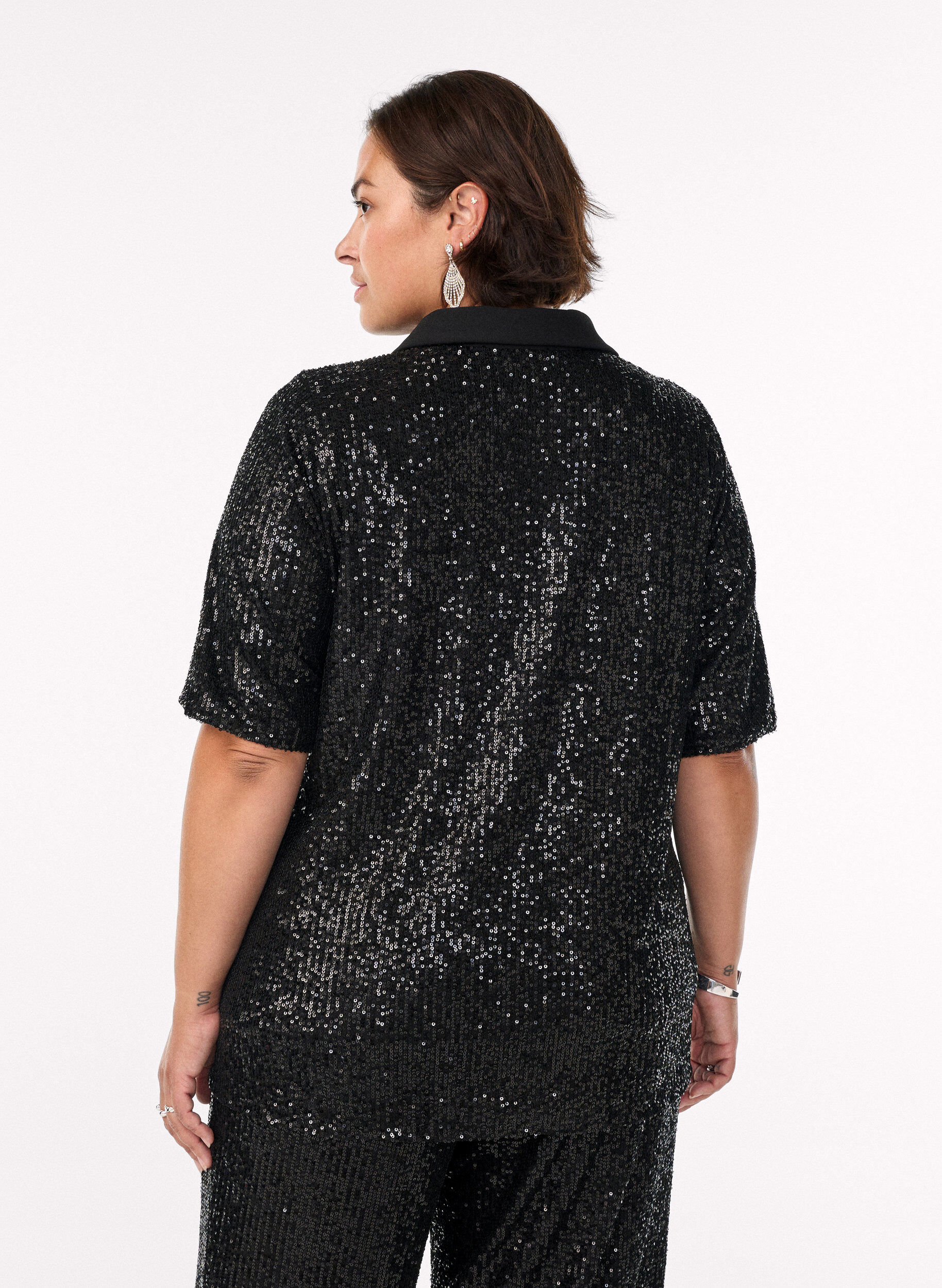 ZizziSequinblouse met polokraag en korte mouwen, Zwart, Model image number 2