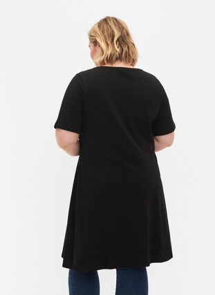 Gestippelde katoenen jurk met korte mouwen, Black, Model image number 1