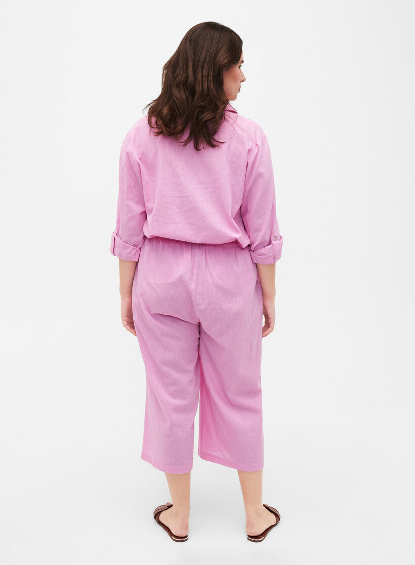 Pantalon 7/8 en coton et lin mélangés, Rosebloom, Model image number 1