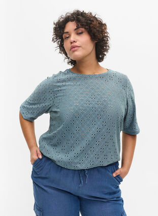 Blouse avec broderie anglaise et manches 2/4, Goblin Blue, Model image number 0