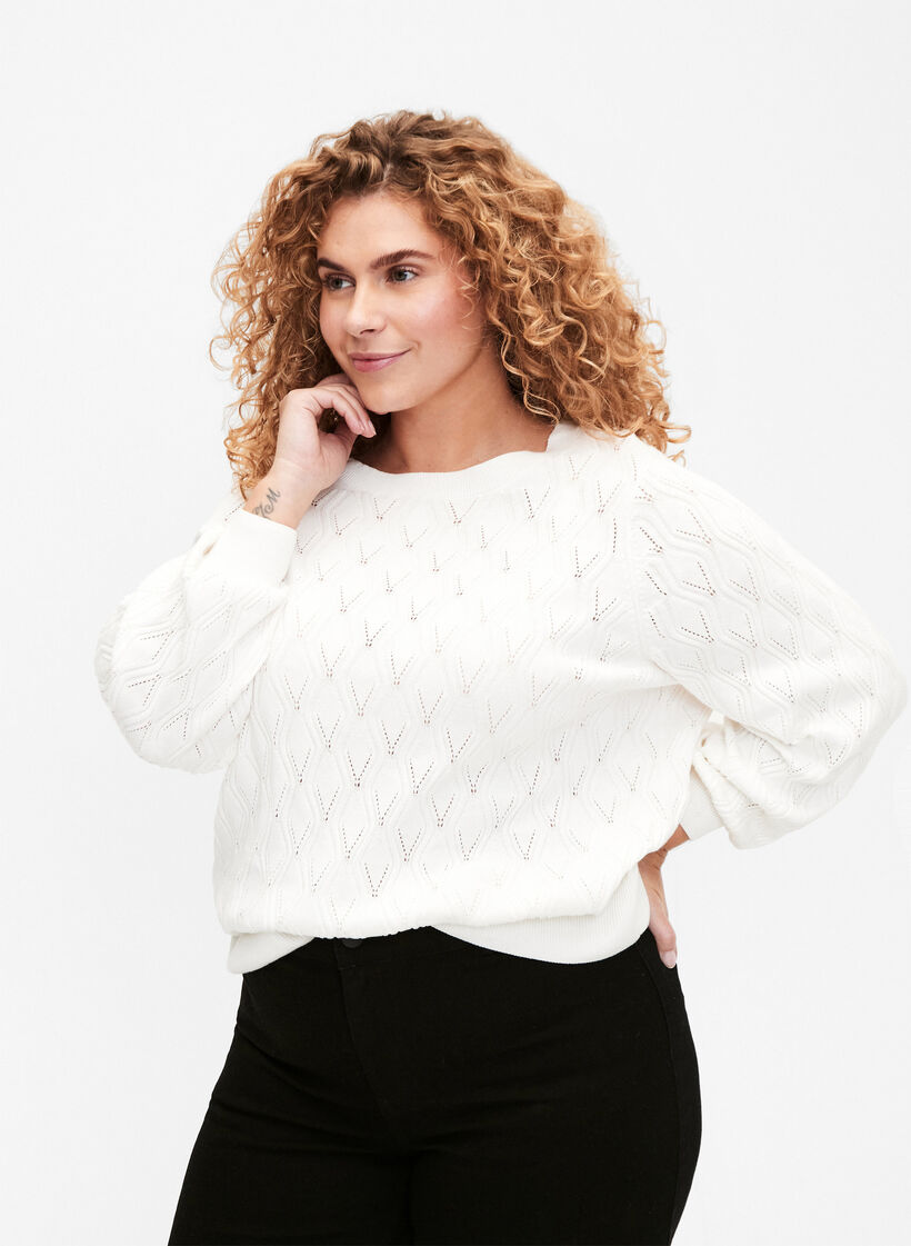 Pullover met gatenpatroon en boothals	, Cloud Dancer, Model image number 0
