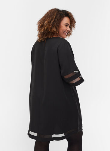 Short-sleeved dress with see-through details, Black, Model image number 1