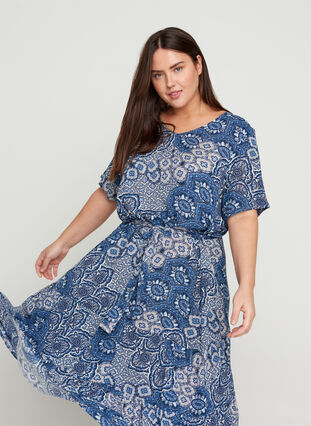 Midi-jurk met korte mouwen in viscose, Asian Blue Print, Model image number 2