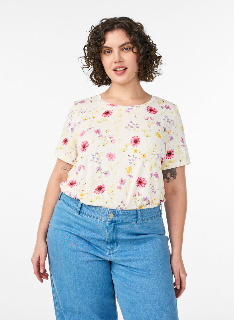 T-shirt avec imprim&eacute; floral, Blanc, Model image number 0