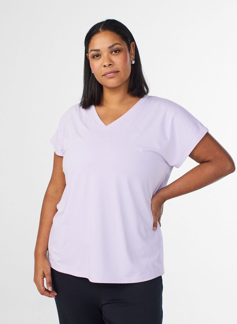 T-shirt d&rsquo;entra&icirc;nement ample avec col en V, Mauve, Model image number 0