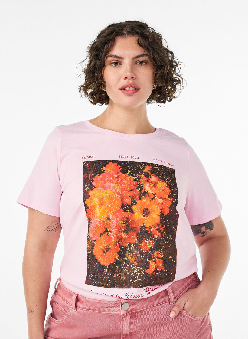 T-shirt en coton avec imprim&eacute; devant, Rose, Model image number 0