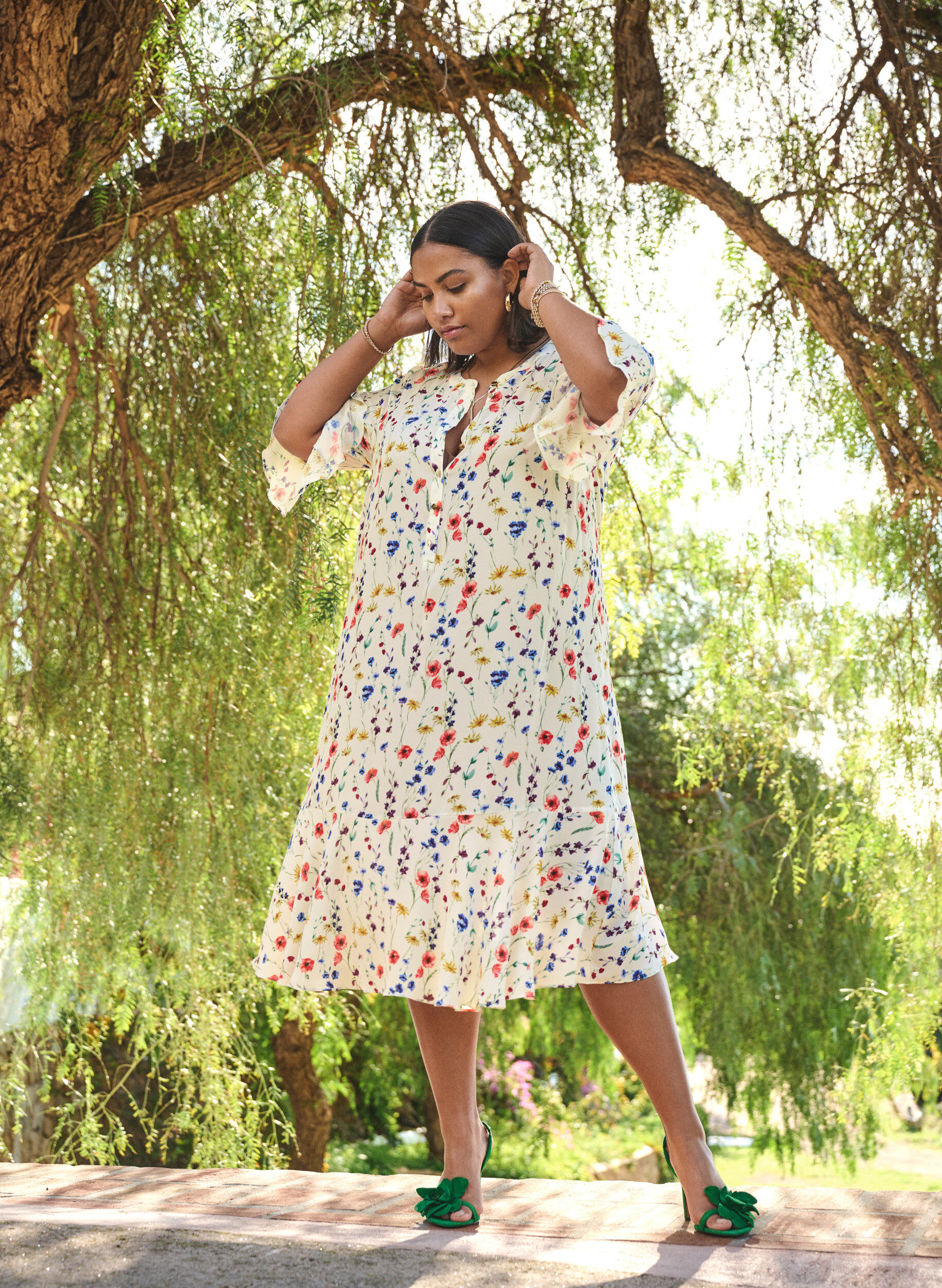 ZizziGebloemde midi-jurk met 3/4-mouwen, Blauw, Image image number 0