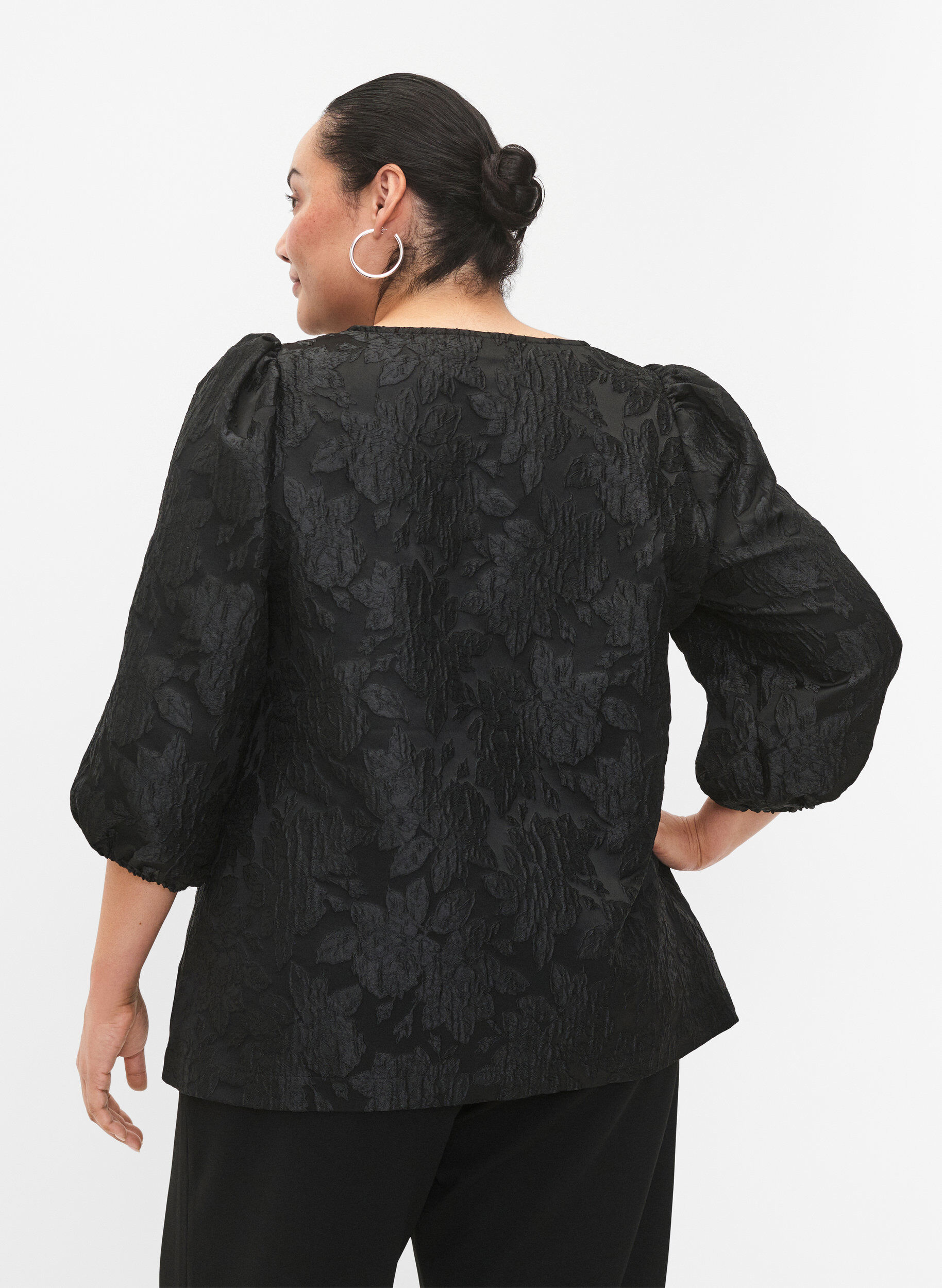 ZizziJacquard blouse met 3/4 mouwen, Black, Model image number 1
