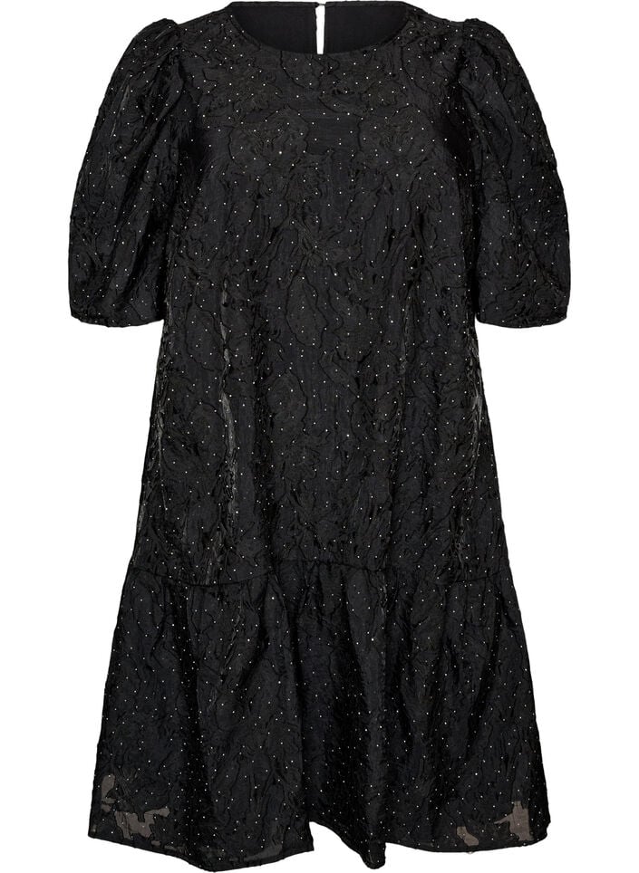 Robe jacquard avec des d&eacute;tails scintillants et des manches bouffantes, Noir, Packshot image number 0