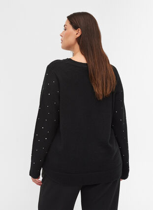 Blouse en tricot côtelée  avec des strass décoratives , Black, Model image number 1