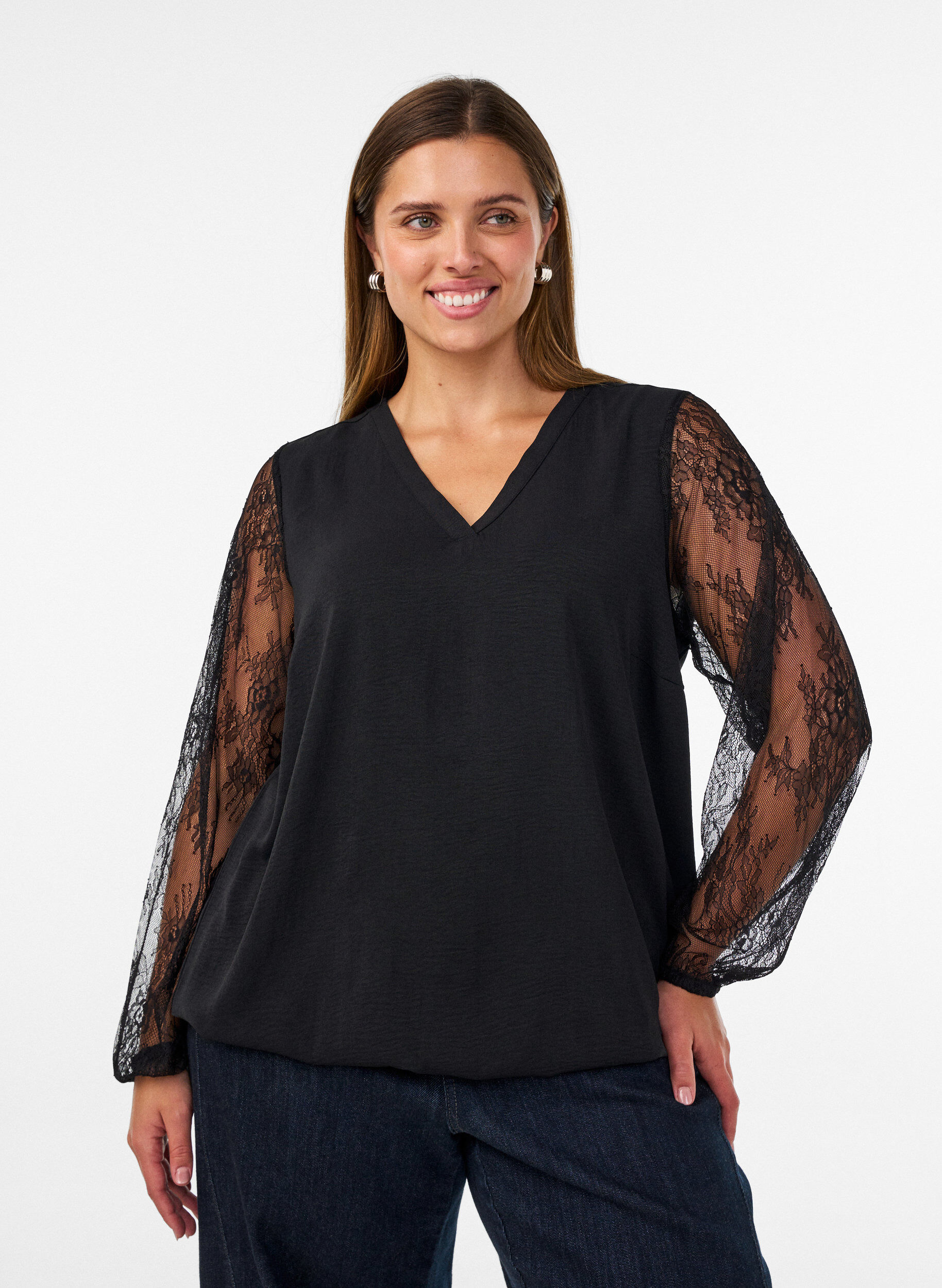 Blouse met kanten mouwen en ballonvorm, Zwart, Model