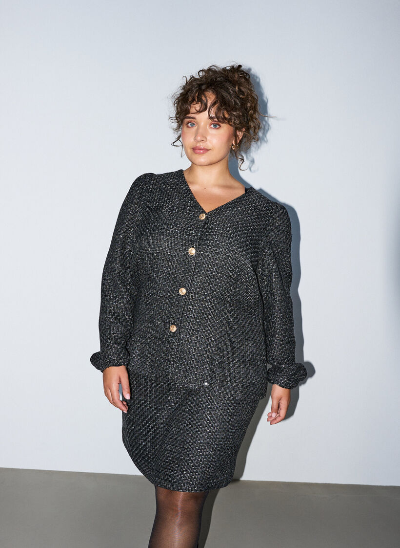 Boucl&eacute; jasje met pailletten en decoratieve knopen, Zwart, Model image number 0