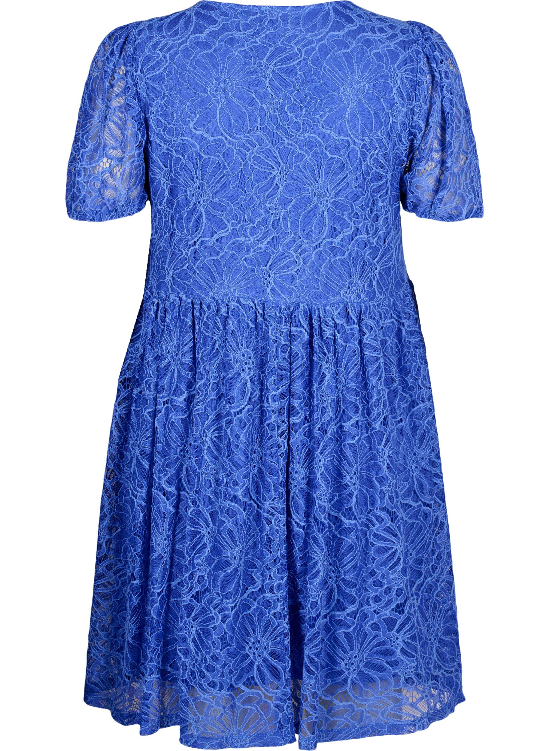 Zizzi Robe en dentelle &agrave; manches courtes avec col en V, Dazzling Blue, Packshot image number 1