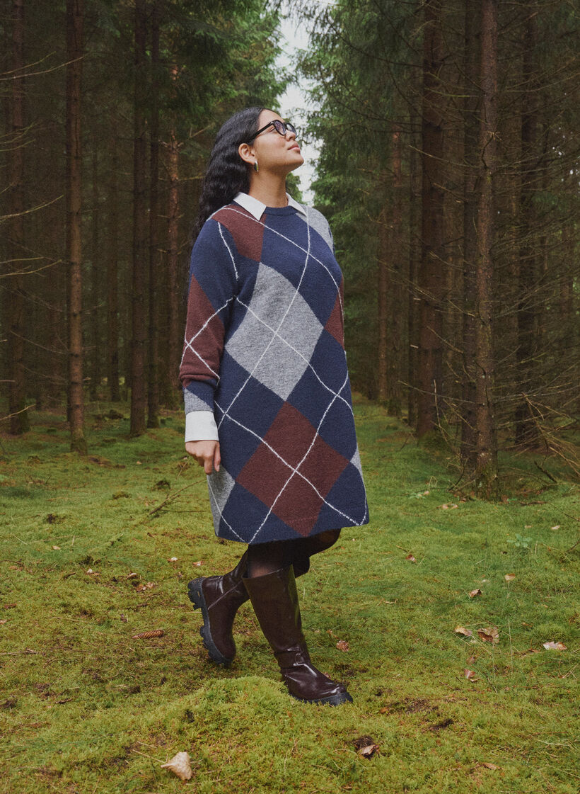 Gebreide jurk met groot ruitpatroon, Blauw, Image image number 0