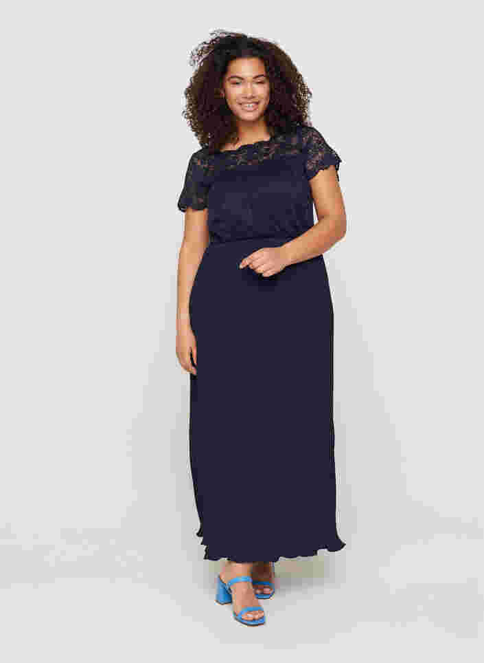Maxi-jurk met korte mouwen, plissé en kant, Night Sky, Model image number 0