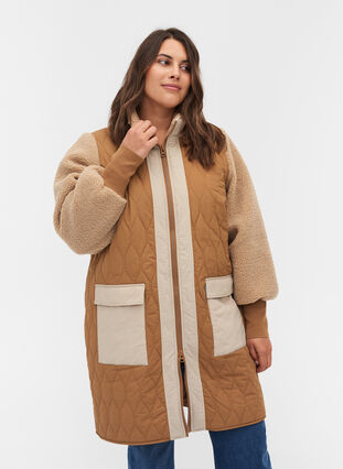 Gewatteerde jas met teddy en zakken, Tobacco Brown Comb, Model image number 0