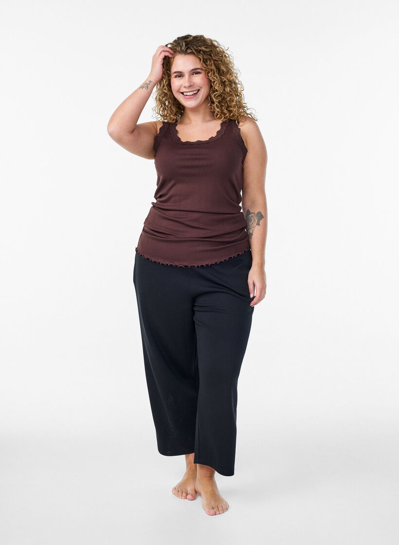 Tanktop met kant en broderie anglaise, Bruin, Model image number 1