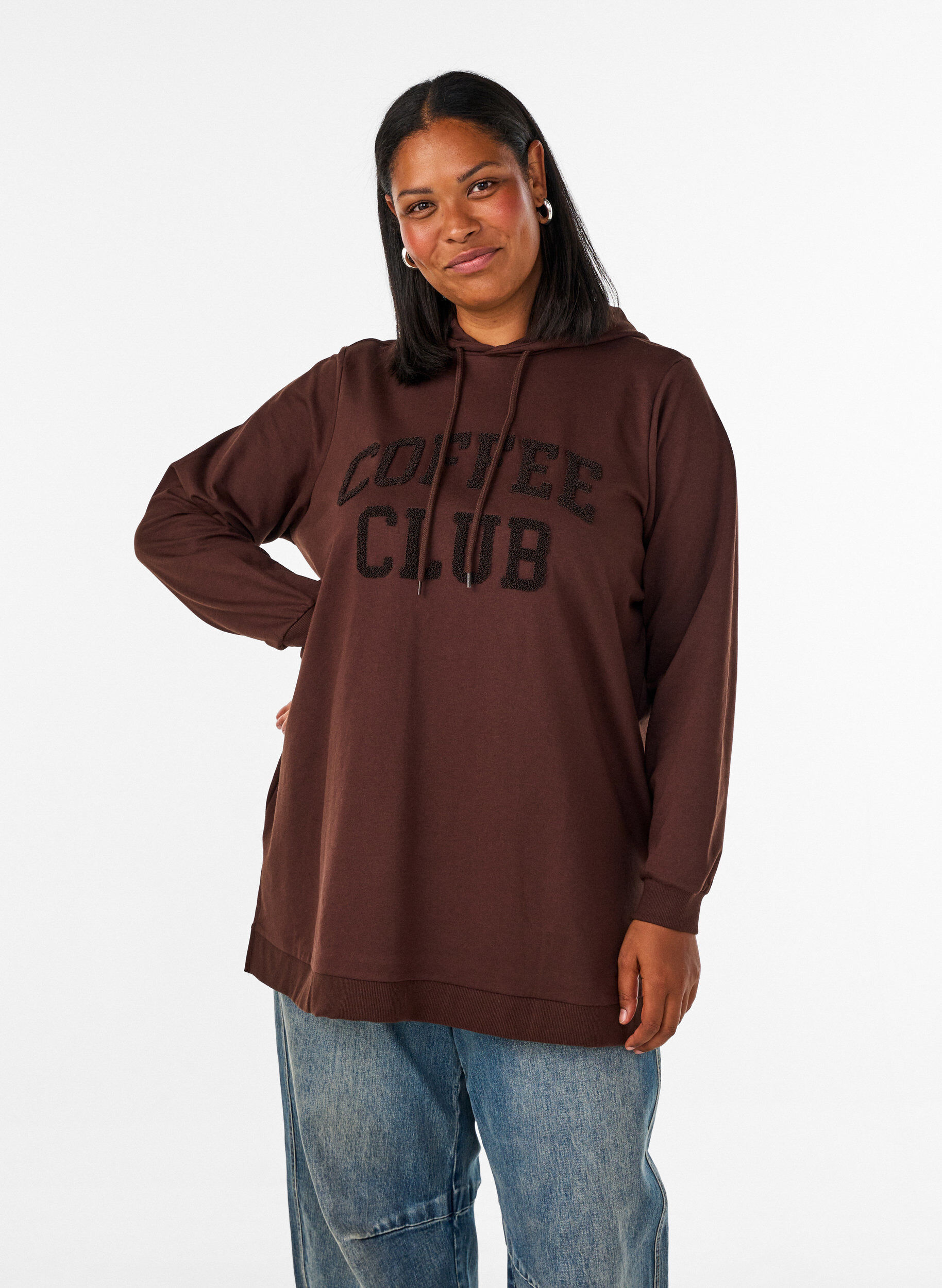 Hoodie met een terry tekstmotief, Bruin, Model