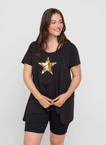 Haut en coton à manches courtes en forme de trapèze , Black STAR, Model image number 0