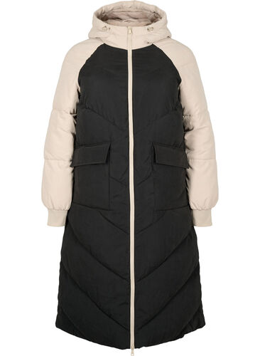 Veste d'hiver longue à capuche avec blocs de couleurs, Black Comb, Packshot image number 0
