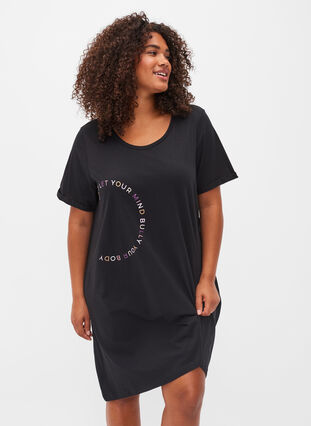 Katoenen nachthemd met korte mouwen en print, Black W. Don't, Model image number 0