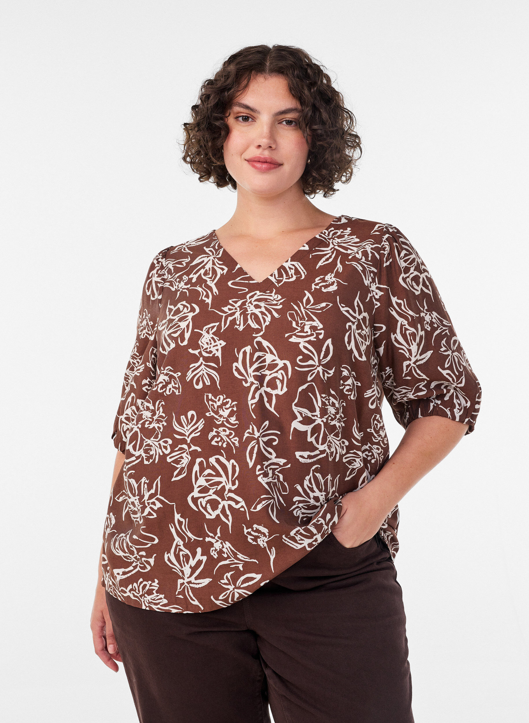 Viscose blouse met V-hals, Bruin, Model