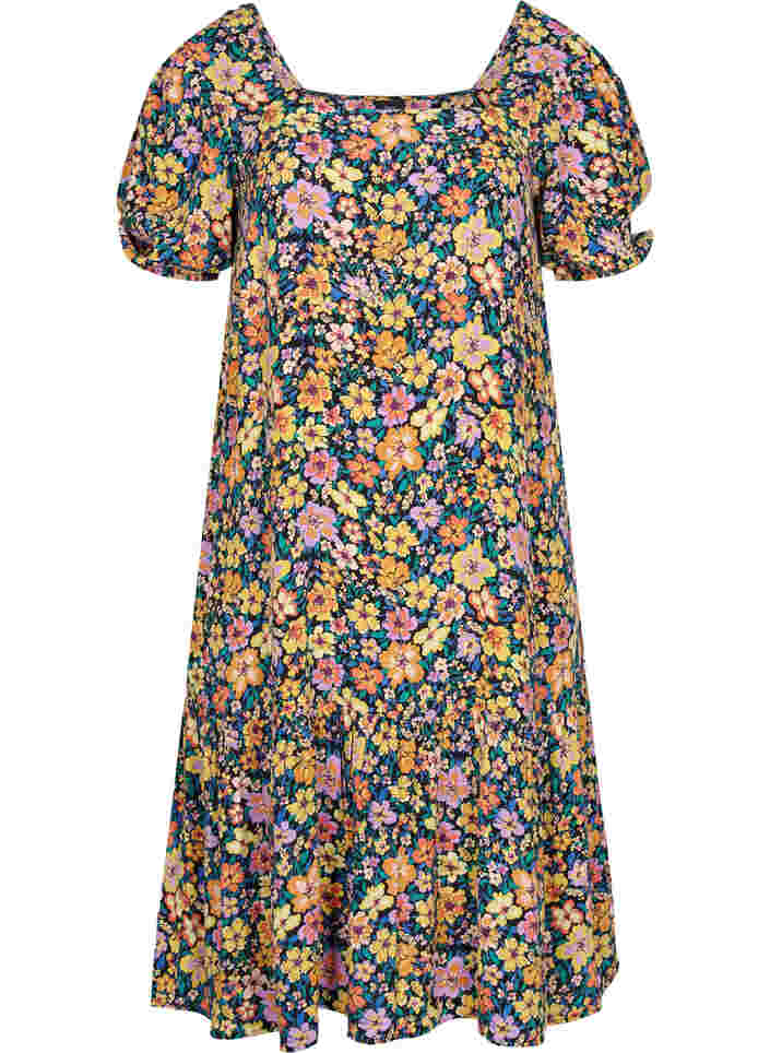 Gebloemde midi-jurk in viscose, Multi Flower AOP, Packshot image number 0