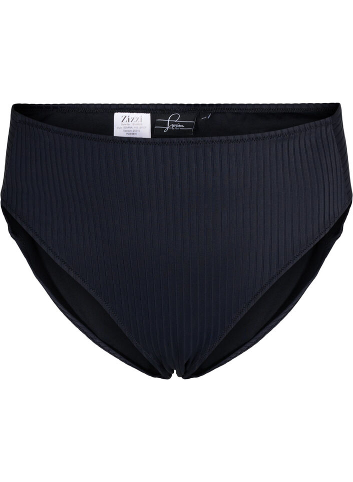 Bas de bikini taille haute avec texture côtelée, Black, Packshot image number 0