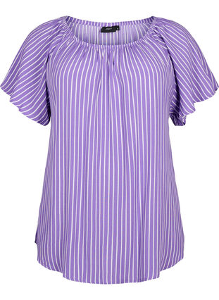 Effen blouse van viscose met korte mouwen, Deep L./White Stripe, Packshot image number 0