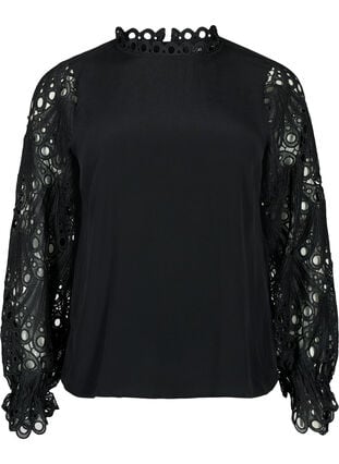 Viscose blouse met crochet mouwen, Black, Packshot image number 0