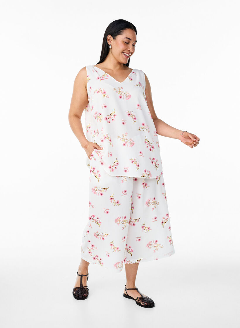 Top met print en V-hals, Wit, Model image number 1