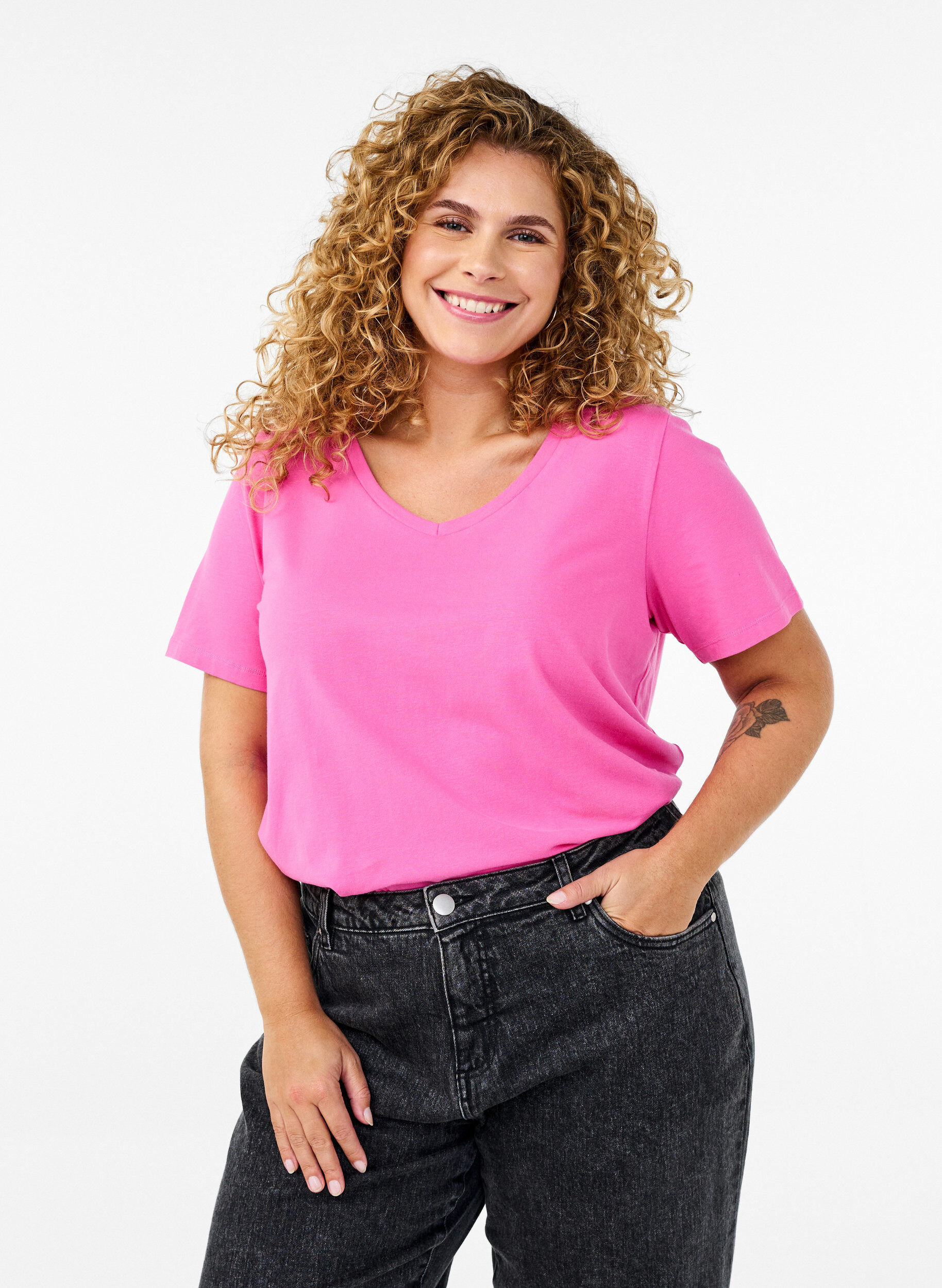 ZizziEffen basic T-shirt van katoen, Roze, Model image number 0