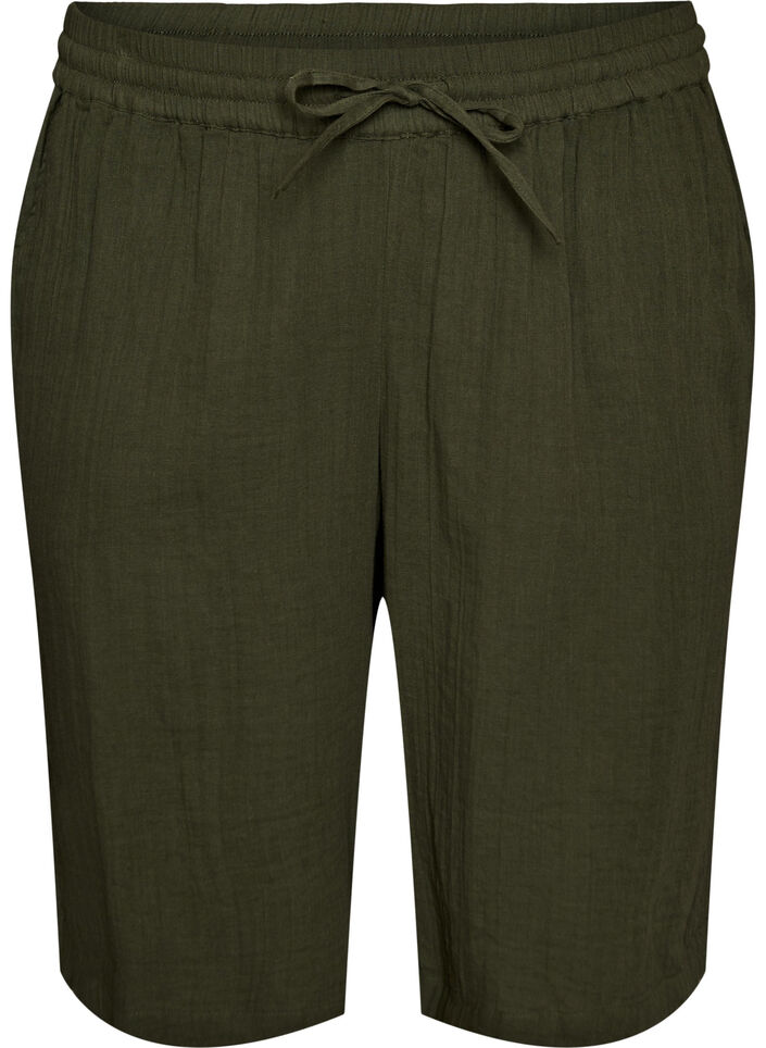 Los katoenen mousseline shorts met een hoge taille, Groen, Packshot image number 0