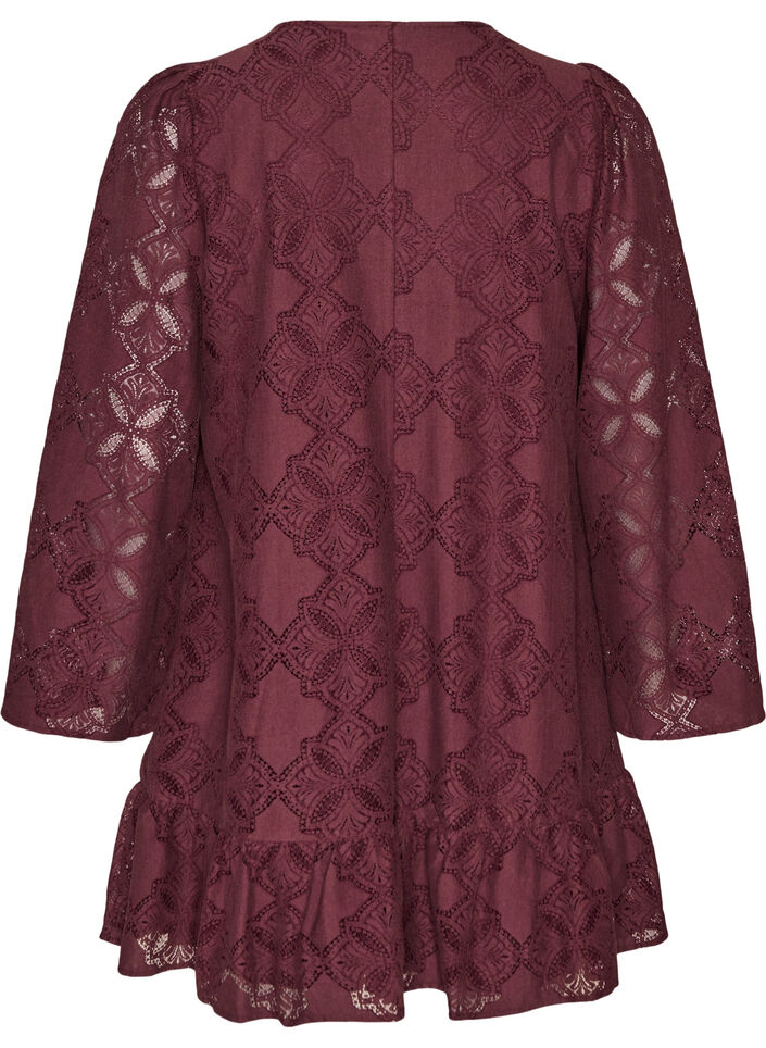 Robe en dentelle avec manches longues et ourlet &agrave; volants, Bordeaux fonc&eacute;, Packshot image number 1