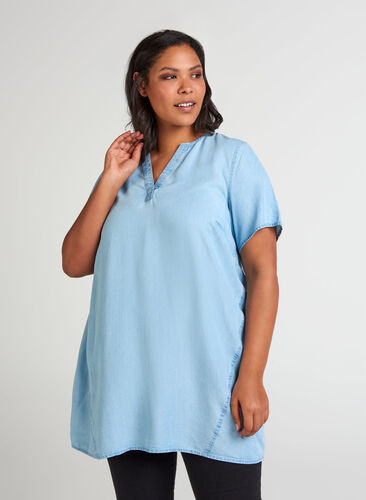 Tunique manches courtes Lyocell, LIGHT BLUE WASH, Model image number 0