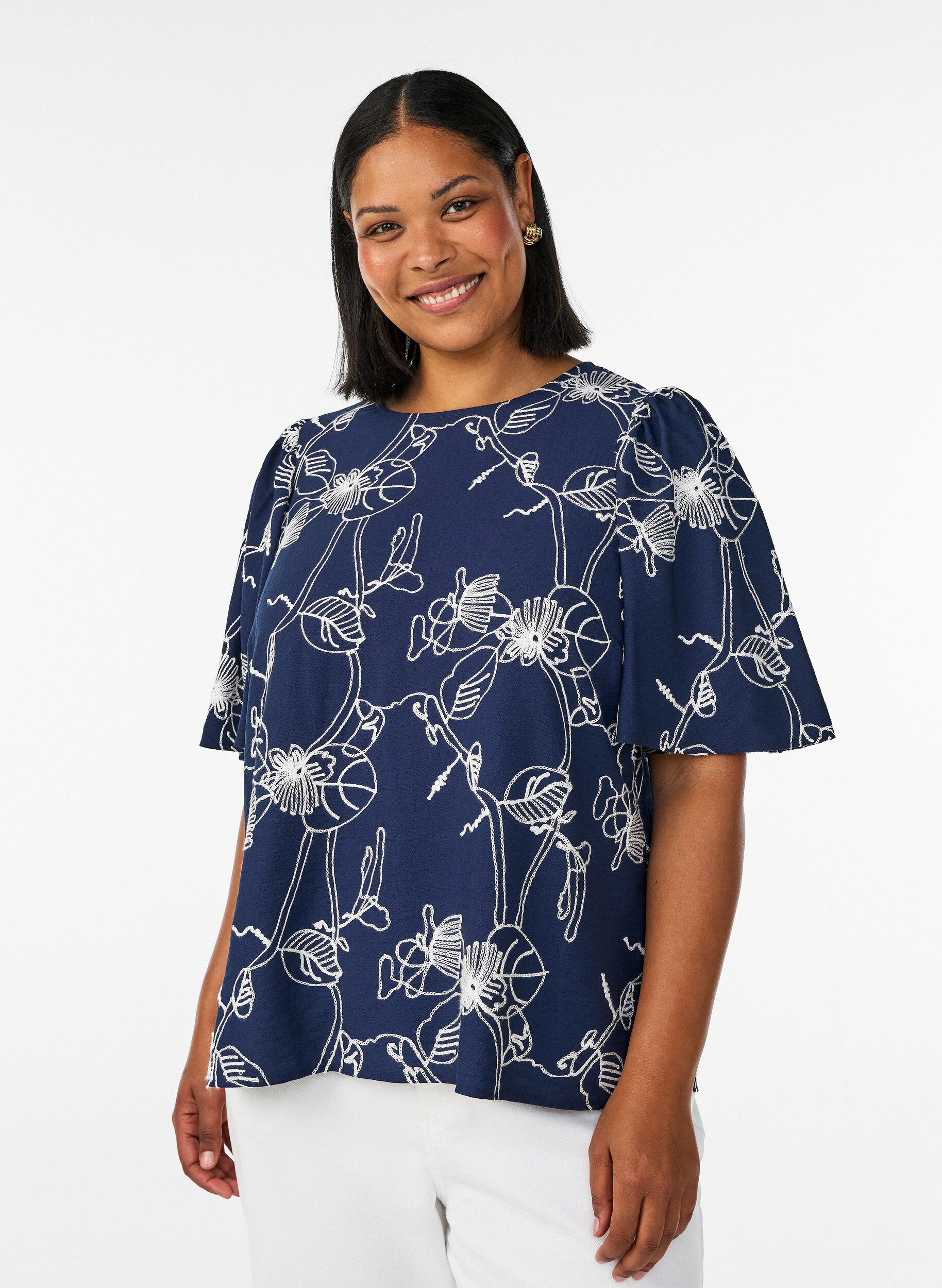 Chemisier &agrave; manches courtes avec motif brod&eacute;, Bleu, Model