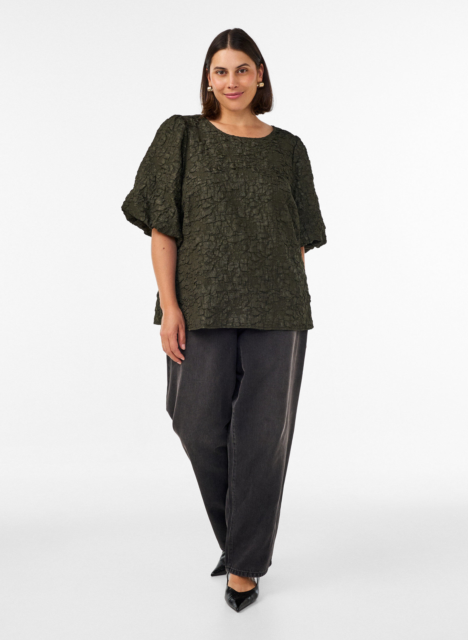 ZizziJacquard blouse met pofmouwen en A-lijnvorm, Groen, Model image number 1
