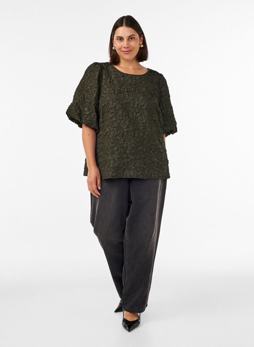 Jacquard blouse met pofmouwen en A-lijnvorm, Groen, Model image number 1