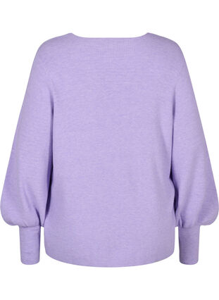 Pull en tricot à col en V et manches ballon, Purple Rose Mel, Packshot image number 1