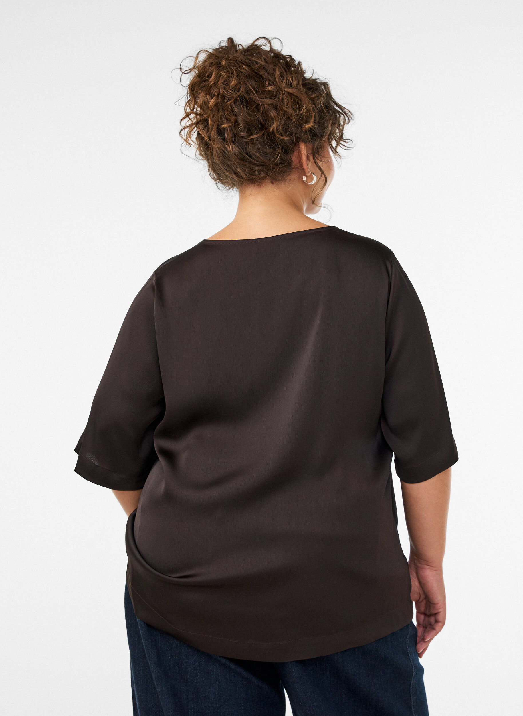 ZizziSatijnen blouse met ellebooglange mouwen, Bruin, Model image number 2