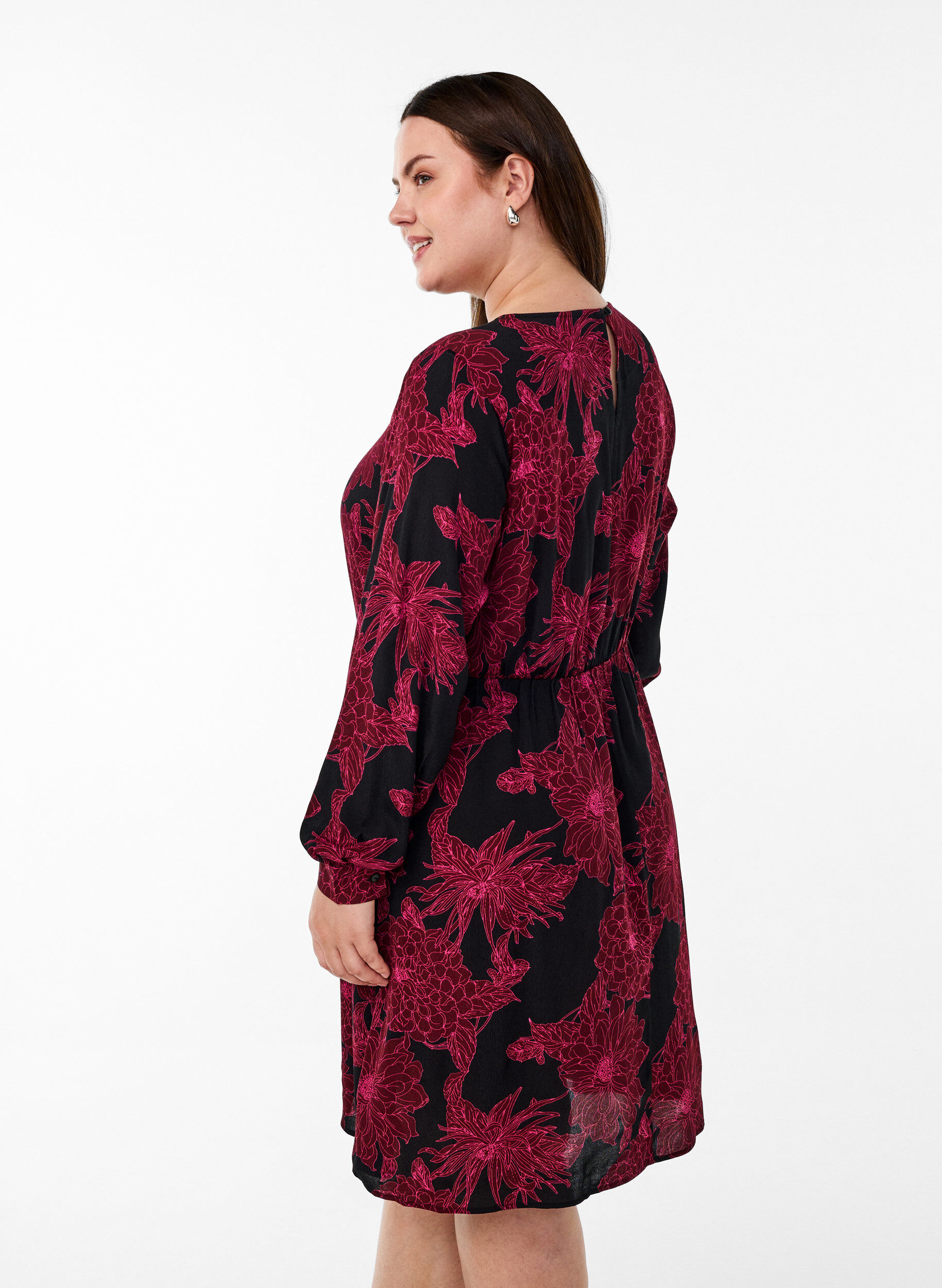 ZizziViscose jurk met print en lange mouwen, Donker Bordeaux, Model image number 2
