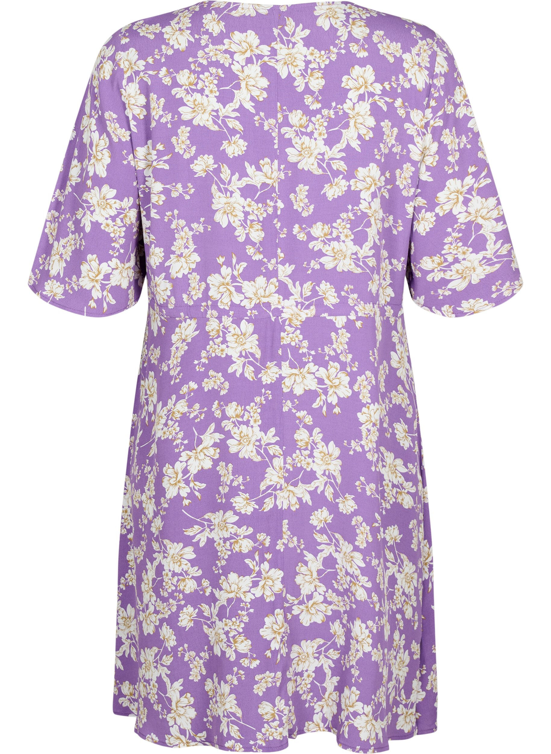 ZizziJurk met 1/2 mouw met bloemenprint in viscose, Purple Flower AOP, Packshot image number 1