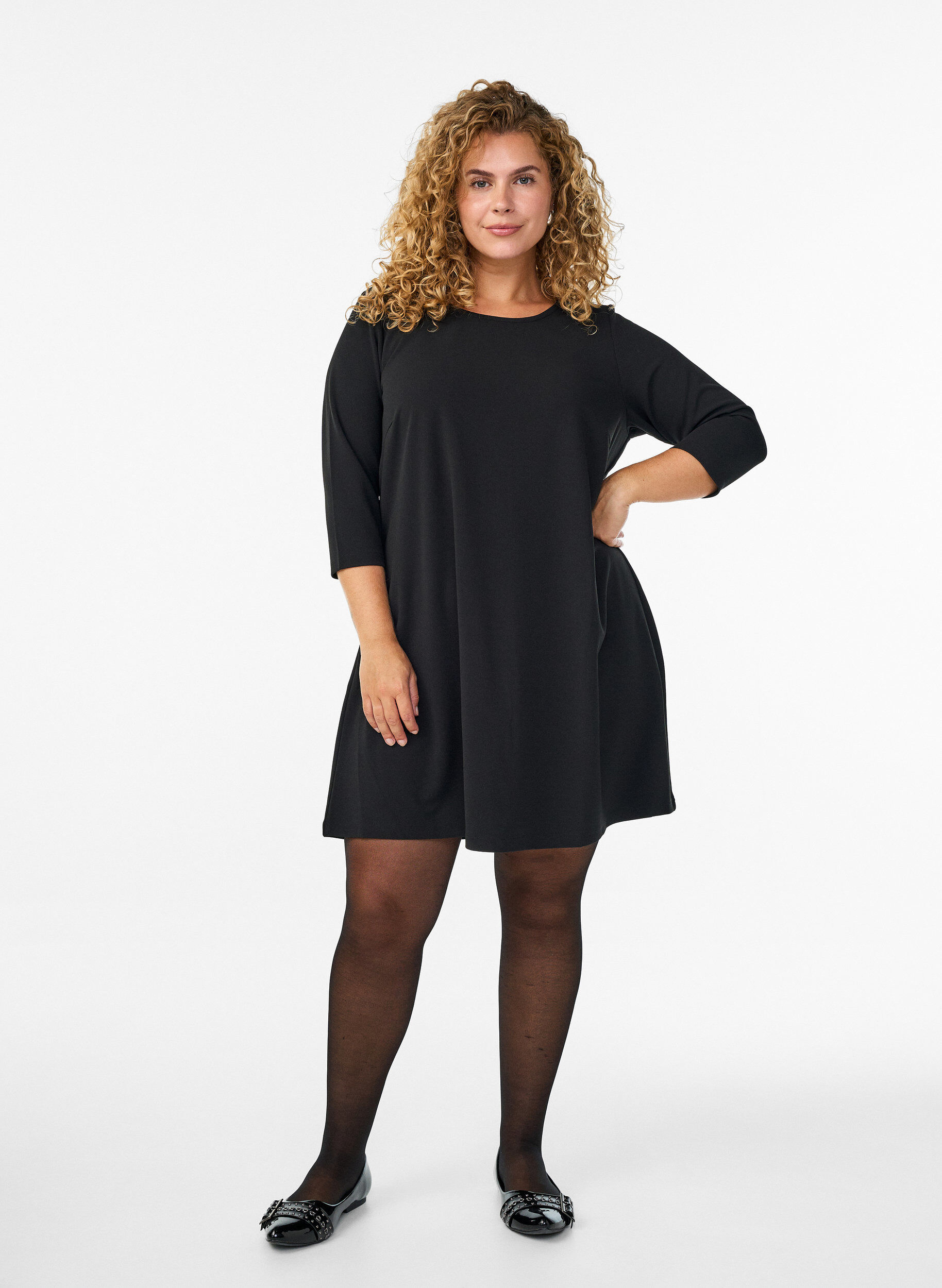 ZizziKorte A-lijn jurk met 3/4 mouwen, Zwart, Model image number 1