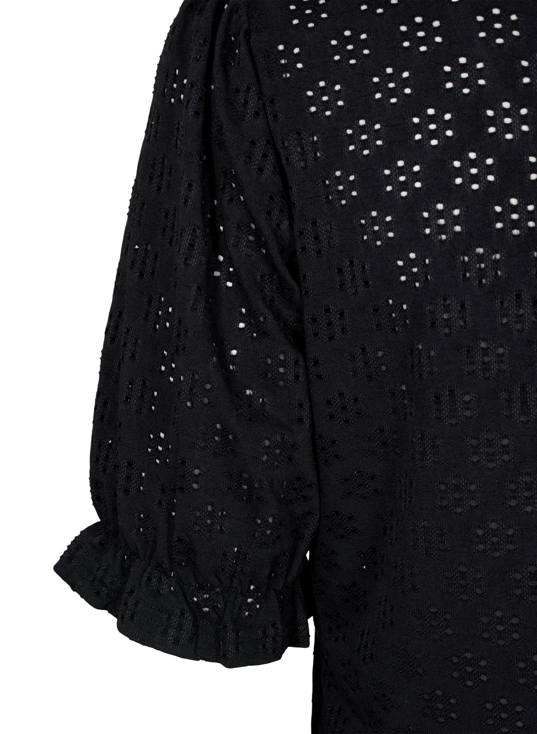 ZizziBlouse met V-hals en gaatjespatroon, Black, Packshot image number 3