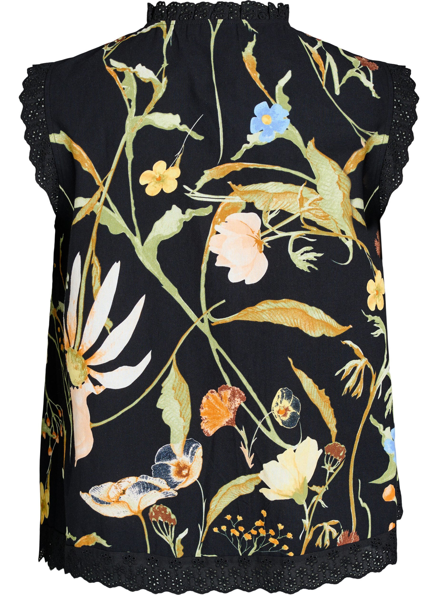 Zizzi Blouse sans manches en coton avec imprim&eacute; floral et broderie anglaise, Noir, Packshot image number 1