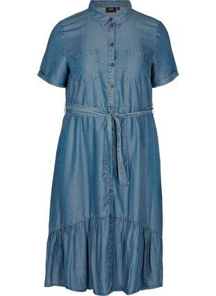 Midi-jurk met korte mouwen in lyocell, Medium Blue denim, Packshot image number 0