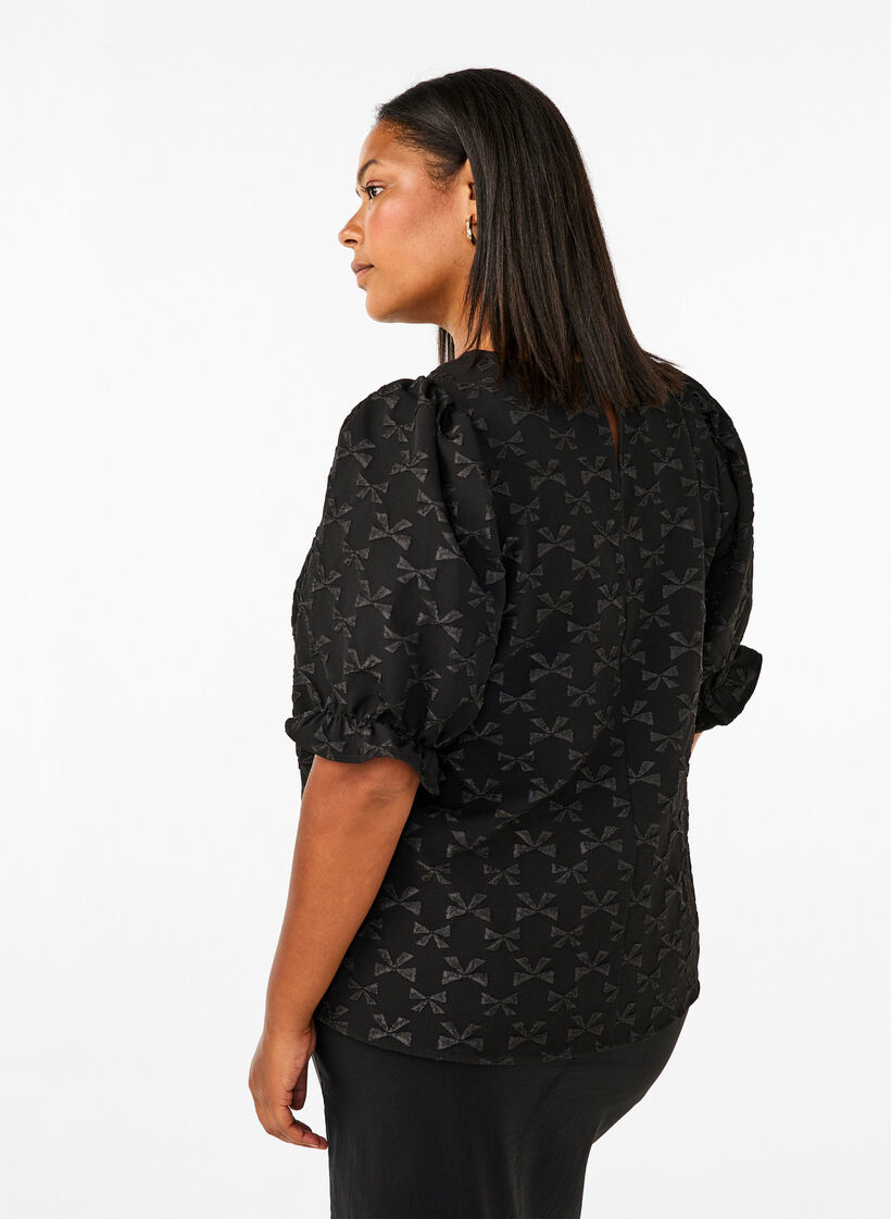 Jacquard blouse met korte mouwen en strikjes, Black W. Bow, Model image number 1