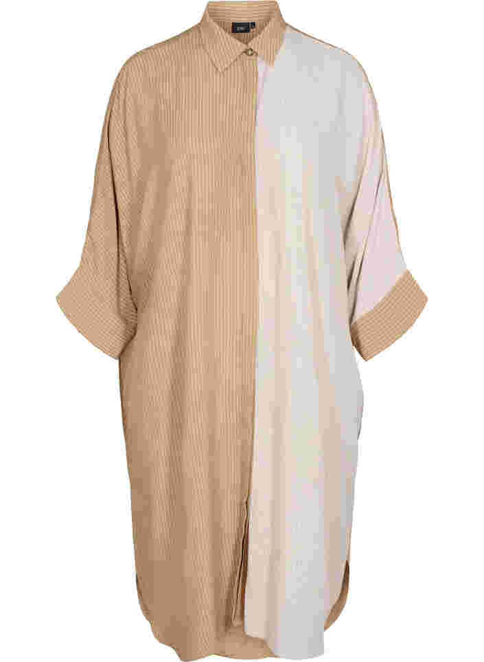 Robe chemise en viscose à manches 3/4 et à carreaux de couleur, Praline, Packshot