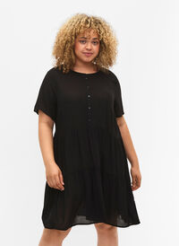 Viscose jurk met korte mouwen en a-lijn, Black, Model