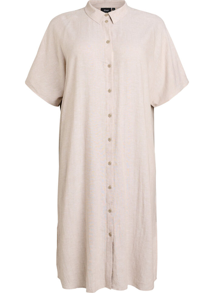 Robe chemise en lin et viscose &agrave; manches courtes, Beige, Packshot image number 0
